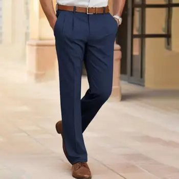 Удобни работни панталони Премиум мъжки панталони Slim Fit Suit Classic плътен цвят Mid-rise прав крак панталони за бизнес офис