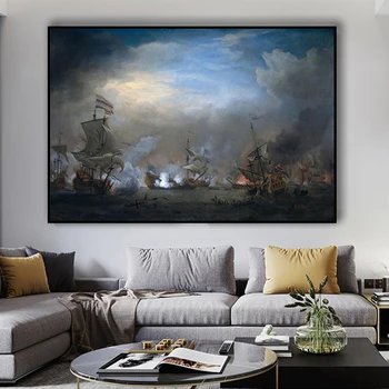Реколта плакат ветроходен кораб боен кораб военноморска битка история стил платно живопис стена изкуство картина за хол дома декор