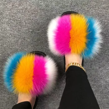 2022 Дамски модни чехли Пухкави лисичи кожени плавници Висококачествени истински вълнени сандали Ултра леки подметки Износоустойчиви слайдове