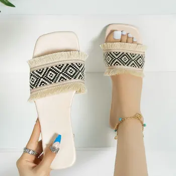 Бохемски ресни дизайн плоски чехли жени мода щампи приплъзване квадратни пръсти сандали жена лято случайни плажни пързалки голям размер