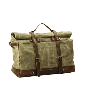 Мъжка преносима пътна чанта, външен водоустойчив куфар, ретро маслено восъчно платно с луда конска чанта за кръстосано тяло от телешка кожа