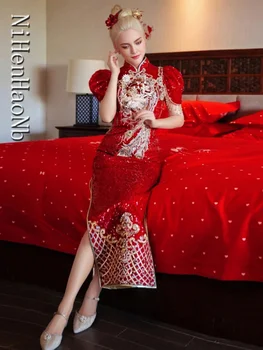 Благородна класическа червена китайска булка сватбена рокляТост булчински рокли Банкетна сватба Cheongsam