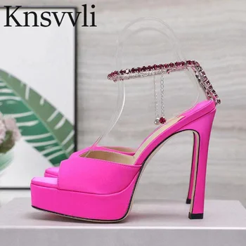 Луксозни сандали Rhineston жени високи токчета сватбени обувки сатен кристал глезена каишка лято платформа сандали жена Sandalias Mujer
