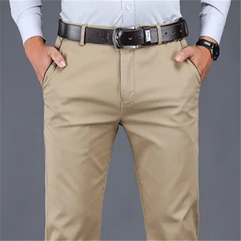 98% памук ежедневни панталони мъже висока талия еластична права хлабав панталони мъжки плътен цвят бизнес рокля панталони марка мъжки дрехи