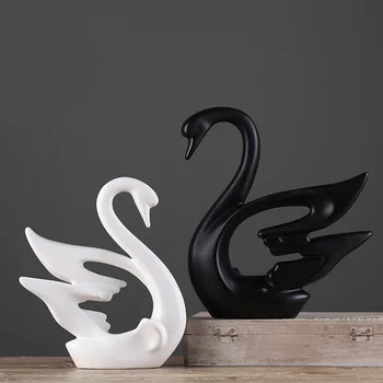 2Pcs керамични лебед орнамент фигурка черно бяло стабилна база модерен лебед скулптура за спалня офис рафт декорация дома