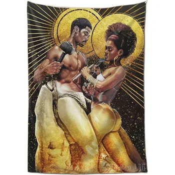афроамериканец черна кралица крал любовник златна мода черна двойка от хо ме лили гоблен стена изкуство декорация на дома