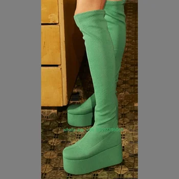 Lady зелена платформа дизайн над коляното ботуши еластична платформа причинно-следствена танц страна дневни ботуши височина топ обувка обувки размер 46