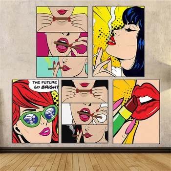 Секси жена комични плакати Пушене жена червени устни модерни платно картини стена арт отпечатъци картина хол дома декор Cuadros
