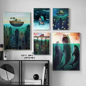 Подводни същества Кит Картина Абстрактен плакат Отпечатъци Къща лодка кола стена изкуство платно живопис скандинавски стил детска стая декор