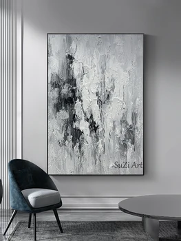 Ръчно рисувани модерни абстрактни живопис с маслени бои бяло сиво текстура върху платно абстрактно стена изкуство картина хол спалня стена декор