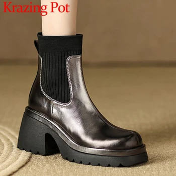Krazing Pot Cow Split Leather Modern Boot Round Toe Super Thick High Heels Gun Color High Street Fashion Splicing Ankle Boots
