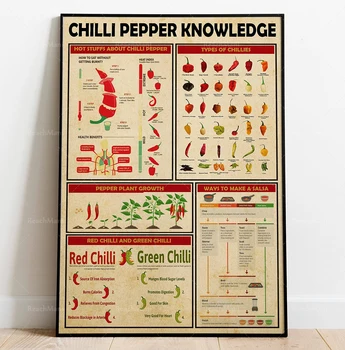 Vintage Chili Knowledge Poster, Vintage Botanical Print Poster, Warm House Gift, Kitchen Wall Art, Red Chili Pepper Art