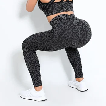 Безшевни йога панталони гамаши спорт фитнес висока талия хип повишаване оформяне кльощава леопард панталони тренировка фитнес гамаши за жени