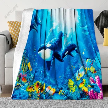 Blue Marine Life Undersea World Pattern Flannel Throw Blanket Soft Warm Bedspread Bed Декоративни одеяла All Seasons King Size