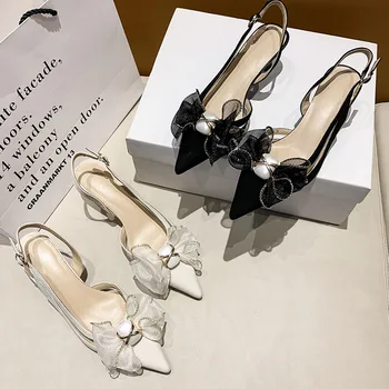 Обувки Жени 2022 Летен лък-възел Кристали Сандали Мода Нов заострен стилет Високи токчета Женско парти Sandalias De Mujer
