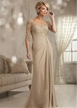 Елегантно шампанско Майката на булката рокля 2024 Плюс размер лъжичка мъниста дантела шифон половин ръкави младоженец сватбено парти рокля