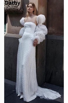 Dathy Pearl Diamond Сватбена рокля с дълъг ръкав Луксозна квадратна врата Тюл Дълга рокля Сватбена рокля Принцеса рокля Дамски абитуриентски бал