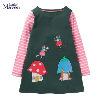 Little maven 2023 Бебе момичета рокля Приказен дух цвете прекрасен дълъг ръкав памучни дрехи за деца парти рокли