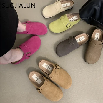 SUOJIALUN 2024 Пролет нова марка жени чехъл обувки кръг пръсти приплъзване на мулета обувки мода плосък петата случайни плоски слайдове обувки