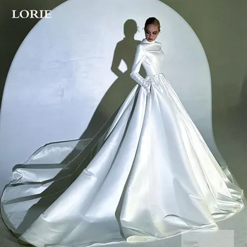 LORIE Мюсюлмански сватбени рокли Линия дълъг ръкав с високо деколте булчински рокли Елегантни сатенени сватбени рокли 2024