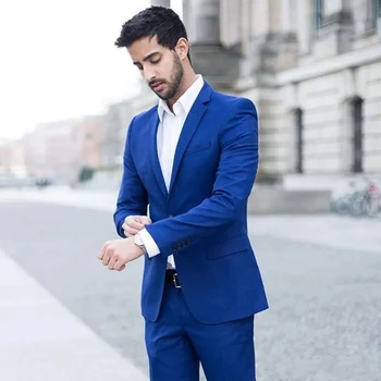 Slim Fit Blue Notch ревера еднореден редовна дължина плосък луксозен мъжки костюми бизнес офис облекло комплект 2 парче яке панталони