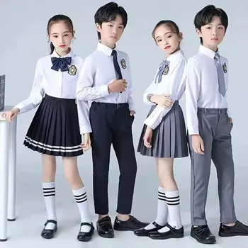 Детски костюм Начално средно училище клас униформени комплекти ризи вратовръзка панталони плисирани поли 2PCS Preppy стил 4-15 години