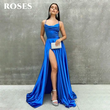 ROSES Кралско синьо петно очарователна абитуриентска рокля Спагети каишка страна Сплит официална рокля дантела нагоре назад Вечерна рокля vestidos de noche