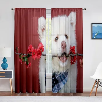 Сладко самоедско куче, държащо цветна клонка Тюл завеси за хол прозорец спалня кухня декор луксозни отвесни завеси