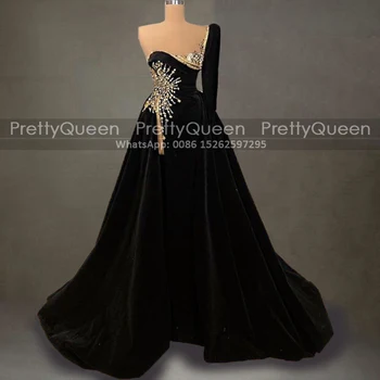 Единични дълги ръкави абитуриентски рокли русалка кристални мъниста едно рамо страна цепка черно кадифе обвивка вечерна рокля парти за жени
