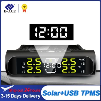 E-ACE Електронен часовник TPMS Система за следене на налягането в гумите Слънчева енергия USB зареждане TPMS Автоматично алармено устройство за сигурност Tpms сензор