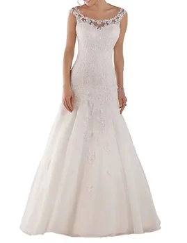Елегантни апликации Сватбени рокли Ново O-образно деколте кука цвете булчински бяла рокля тънък годни официална вечерна рокля без ръкави Vestidos