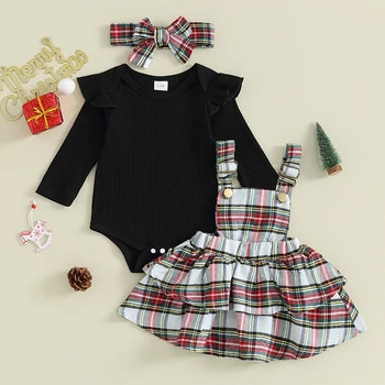 Baby Girl Fall Outfits Плътен цвят Дълъг ръкав ританки Къдри Карирани Suspender Поли Комплект Бебе Момиче Дрехи