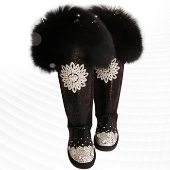 Черна лисица коса ботуши носорог ръка обичай зима плюс руно топли ботуши кожа един обувка дамски голям размер 35-44