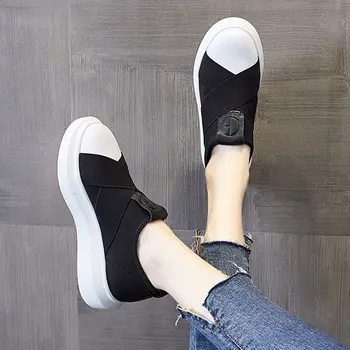 Дамски обувки ниско черно приплъзване на обувки за жени висока платформа 2023 нова пролет памук евтина безплатна доставка оферта есен случайни в