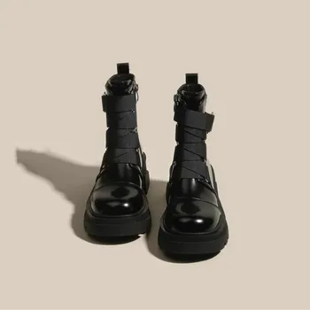 Кръгли пръсти черни ботуши женски обувки ботуши-жени дами Лолита 2023 глезена есен мед рок каучук PU копита токчета катарама каишка езда