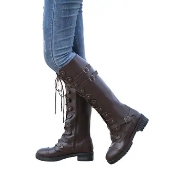 Knee High Дамски ботуши Есенни дамски обувки Зимна дантела нагоре Реколта плоски обувки Секси Steampunk кожа ретро ключалката дами сняг ботуши