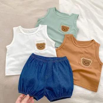 2023 Летни бебешки момчета без ръкави тениски памук бебета момичета сладък прост тениски мечка жилетка деца случайни върховете малко дете дънкови шорти