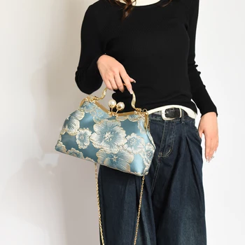 модна чанта за жени Перлена щипка чанта за рамо елегантна Висококачествени чанти за кръстосано тяло за момиче 2023 Бродирана чанта за цветя