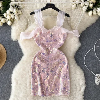 Спагети каишка рокля за жени 2023 Лято Нови пайети Рокли на рамото Елегантни дамски волани Розови мини вестидос