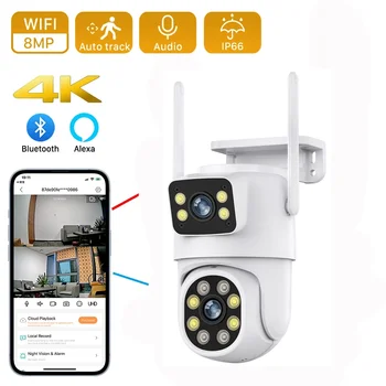 8MP 4K Wifi камера Двоен обектив с двоен екран Ai Human Detect Автоматично проследяване Безжична IP66 външна камера за наблюдение iCSee App