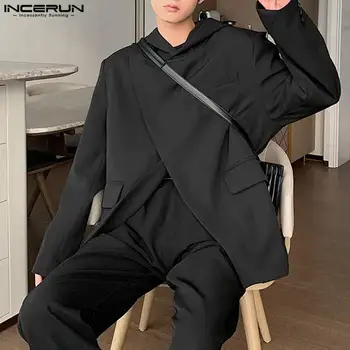 INCERUN върхове 2023 корейски стил красиви мъже качулка диагонал фуста дизайн костюм твърди удобни случайни улично облекло нетактичност S-5XL