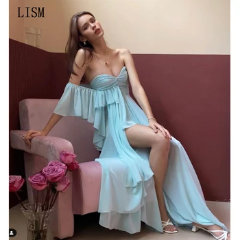 LISM Грациозен шифон скъпа Homecoming рокля на разстояние рамото страна цепка вечер абитуриентски рокля разрошени етаж дължина жени Vestido