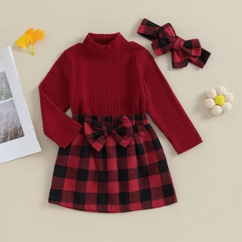 Малко дете бебе момиче пола облекло плътен цвят дълъг ръкав поло плета пуловер мини пола есен зимни дрехи