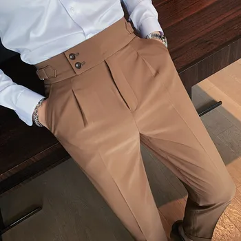 Мъже Британски стил костюми панталони нови мъжки твърди панталони с висока талия висококачествени мъже официални тънки годни бизнес ежедневни панталони