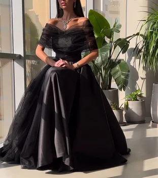 Елегантна дълга черна сатенена вечерна рокля с джобове A-Line разстояние рамото етаж дължина халат De Mariée парти рокля за жени