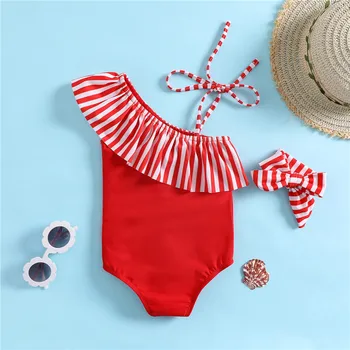 2023 Мода деца червен бански момиче раиран печат едно парче гореща пролет плаж бански костюм 80-120 см височина бански костюм