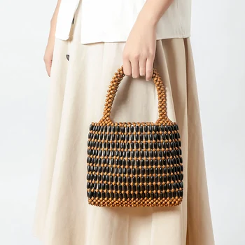 Лятна мода дърво ръчно тъкани мъниста ръчна чанта жени кухи дизайн пътуване чанта женски мрежа платно плаж чанта чанта чанта