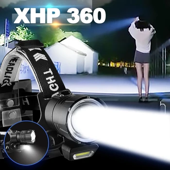 XHP360 Ултра мощни фарове 18650 Висока мощност Led фенерче за глава Zoomable фар акумулаторна риболовна лампа фенер