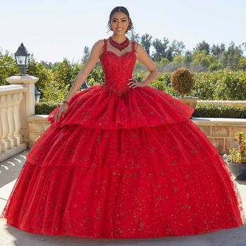 EVLAST Мексиканска рокля от червена кинсеанера 2024 Бална рокля принцеса спагети диференцирани кристали формован корсет Vestidos XV Años TQD098