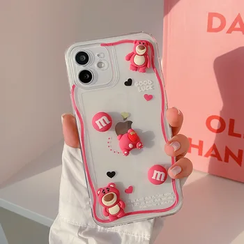 Стерео модерен сладък удароустойчив калъф за телефон за iPhone 14 13 12 11 Pro Max PLUS Mini X XS XR 7 8 SE 2020 Розова мечка черупка
